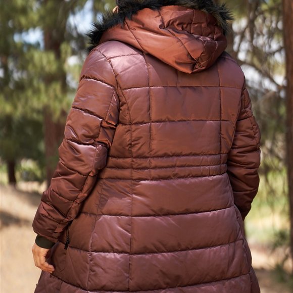 Wine Glossy Long Fitted Vegan Fur Hood Detail Wint - Picture 7 of 7